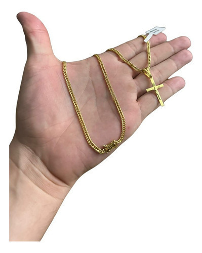 Cordão Grumet 3mm + Pingente Cruz Jesus 3d Banhado Ouro 18k