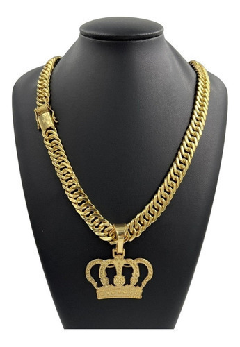 Cordão Grumet 13mm Lacraia + Pingente Coroa Banhado Ouro 18k