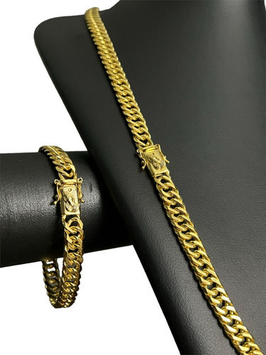 Cordão + Pulseira Grumet 10mm Fecho Mão Orando Banhado Ouro