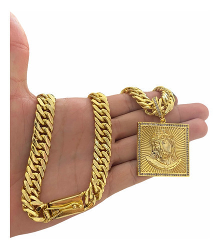 Cordao 13mm Com Pulseira Grumet Lacraia Banhado A Ouro Luxo