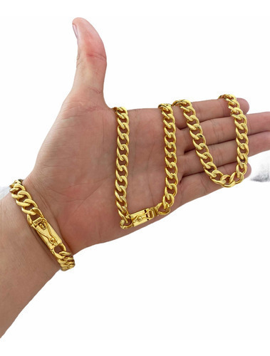 Cordao Grumet Pitbull + Pulseira 10mm Banhado A Ouro 18k