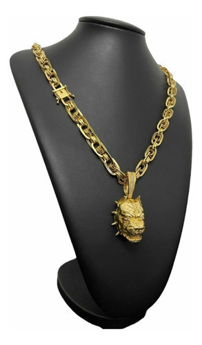 Cordão 10mm Imperador + Pingente Pitbull Banhado A Ouro 18k