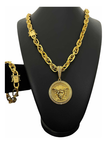 Cordão 10mm Imperador + Pingente + Pulseira Banhado Ouro