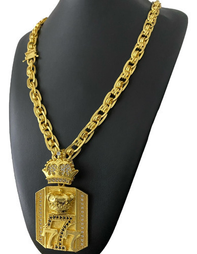 Cordão 10mm Imperador + Pingente 777 Coroa Banhado A Ouro