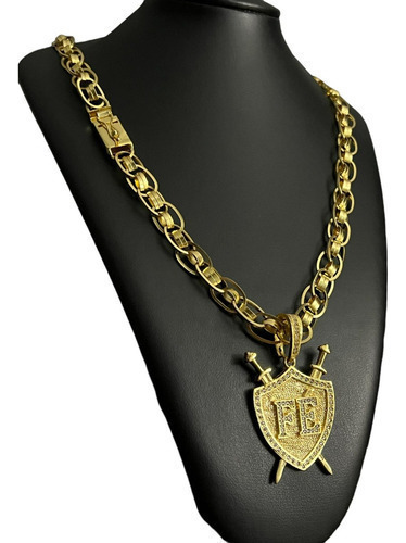 Cordão 13mm Imperador + Pingente Escudo Fé Banhado Ouro 18k