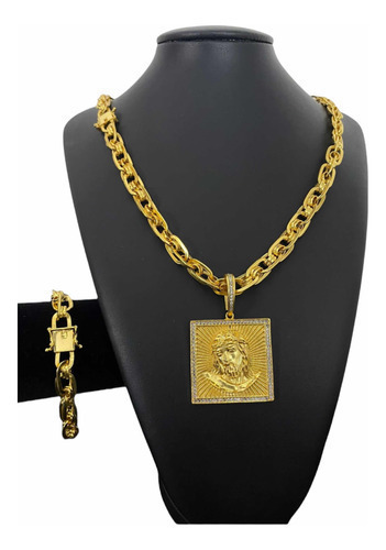 Cordão 10mm Imperador + Pulseira + Pingente Banhado A Ouro