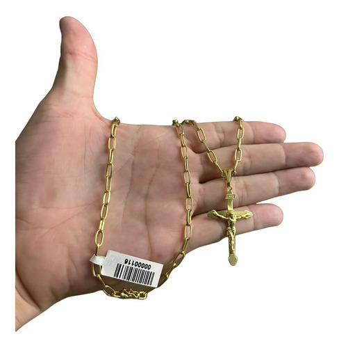 Cordão 5mm Meia Cana + Crucifixo Relevo Banhado A Ouro 18k