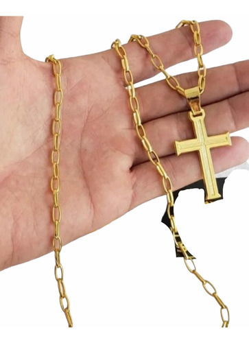 Cordão 5mm Meia Cana Banhado A Ouro + Pingente Cruz