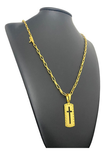 Cordão 5mm Meia Cana Pingente Cruz Bordado Banhado A Ouro 18