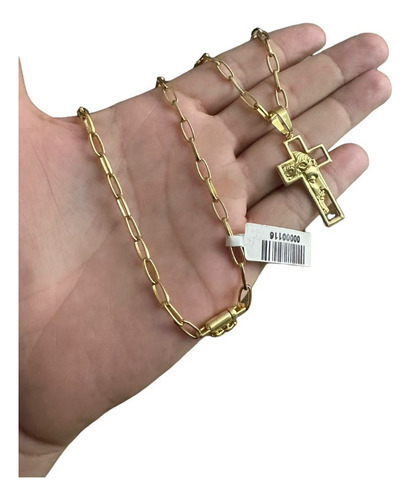 Cordão 5mm Meia Cana + Cruz Face De Cristo Banhado Ouro 18k