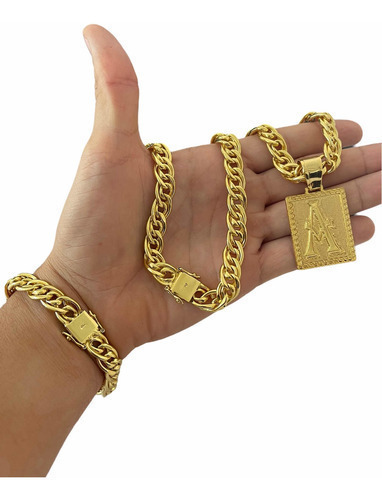 Cordão 12mm Pulseira + Pin Romana Banhado Ouro 18k Fecho 750