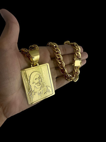 Cordão Romano 10mm + Pingente Placa Jesus Banhado A Ouro 18k