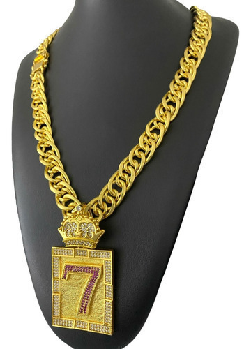 Cordão 15mm Romano + Pingente Número 7 Rosa Banhado Ouro 18k