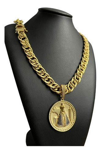 Cordão Romano 15mm + Pingente Nossa Senhora Aparecida 18k