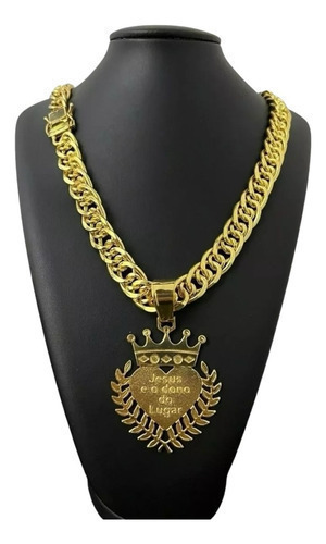 Cordão 15mm Romano + Pingente Jesus É O Dono Banhado 18k