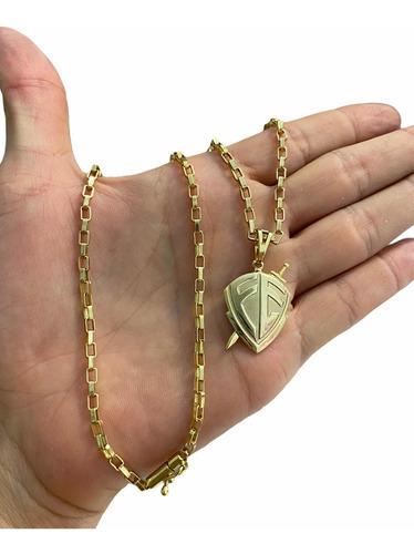 Cordão + Pingente Escudo Fé 4mm Tijolinho Banhado A Ouro 18k
