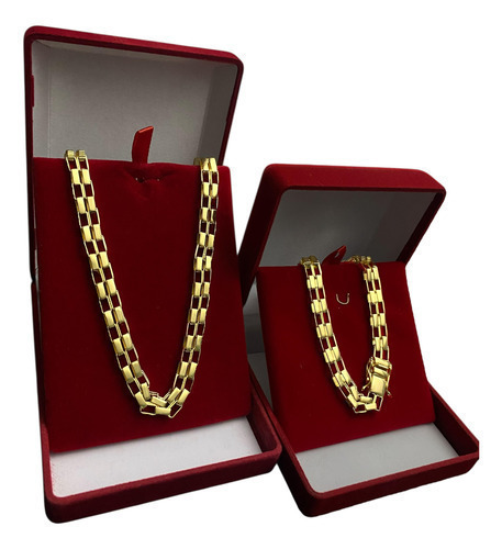 Cordão + Pulseira 10mm Tijolinho Banhado A Ouro 18k Luxo