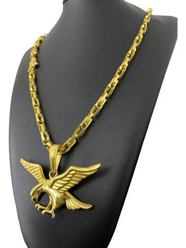 Cordão 6mm Tijolinho Trançado Pingente Águia Banhado A Ouro