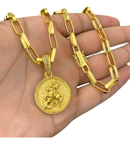 Cordão Tijolinho 6mm Ping São Jorge Redondo Banhado A Ouro