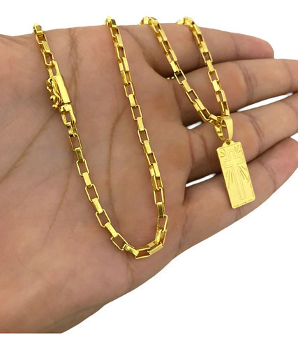 Cordão Tijolinho 3mm Pingente Cruz Plaquinha Banhado A Ouro