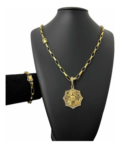 Cordão + Pulseira 6mm Tijolinho + Pingente Jesus Banhado 18k