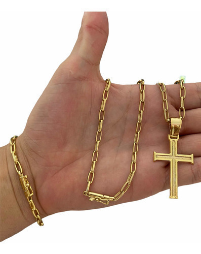 Cordão Pulseira + Pingente 5mm Meia Cana Tijolinho Banhado