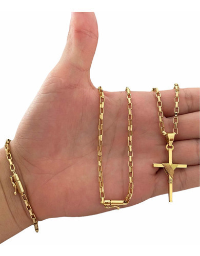 Cordão 4mm Tijolinho + Pulseira Pingente Banhado A Ouro 18k