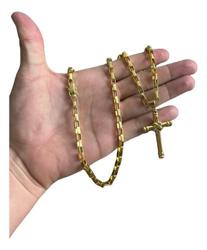 Cordão Tijolinho Curto 6mm + Pingente Cruz G Banhado A Ouro