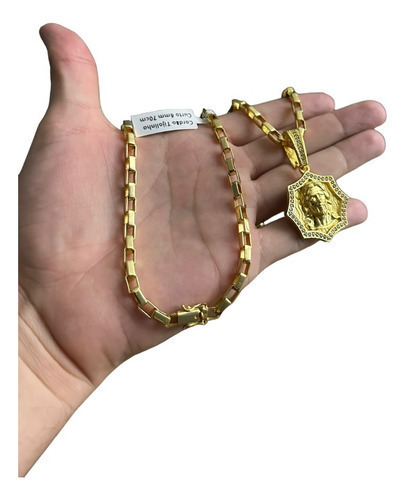 Cordão Tijolinho Curto 6mm + Pingente Jesus Banhado Ouro 18k