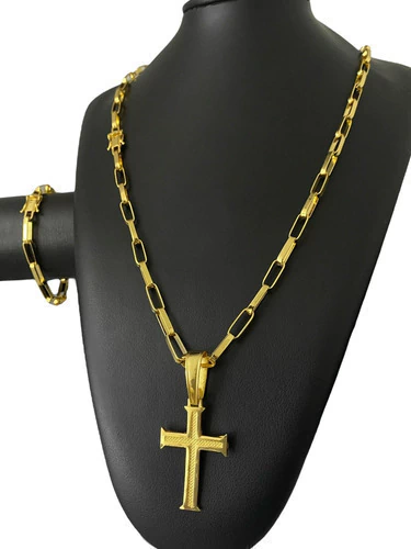 Cordão 6mm Tijolinho Com Pulseira Pingente Banhado A Ouro