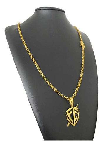 Cordão Tijolinho 3mm Banhado A Ouro + Ping Escudo Fé Vazado