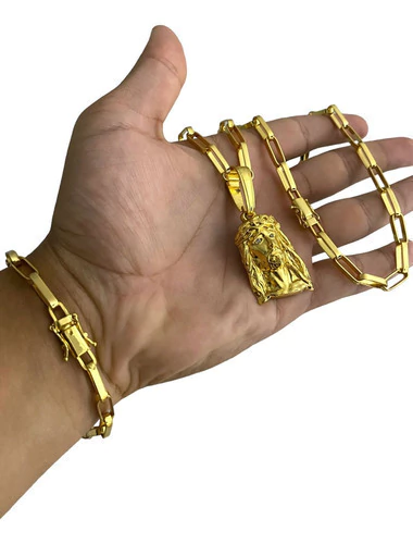 Cordão Pulseira E Pingente Tijolinho 6mm Banhado A Ouro 18k