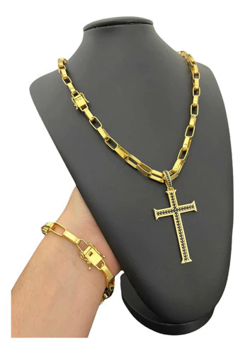 Cordão + Pingente Pulseira 8mm Tijolinho Banhado Ouro Luxo