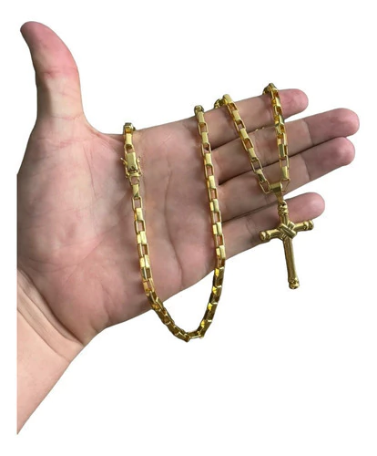 Cordão Tijolinho Curto 6mm + Pingente Cruz G Banhado A Ouro