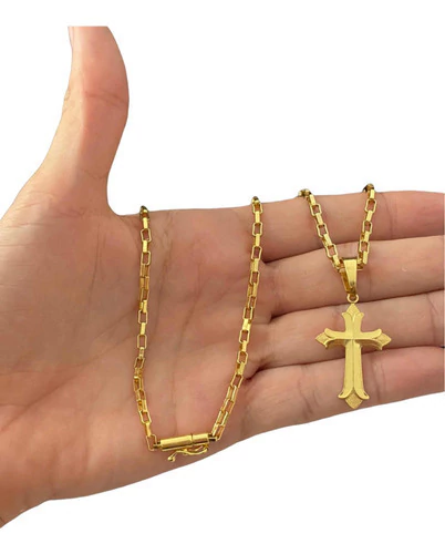 Cordão + Pingente Cruz 4mm Tijolinho Banhado A Ouro 18k Luxo
