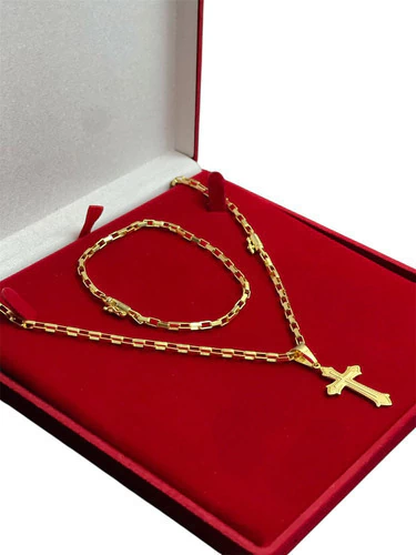 Cordão Tijolinho 3mm Com Pulseira E Pingente Banhado A Ouro