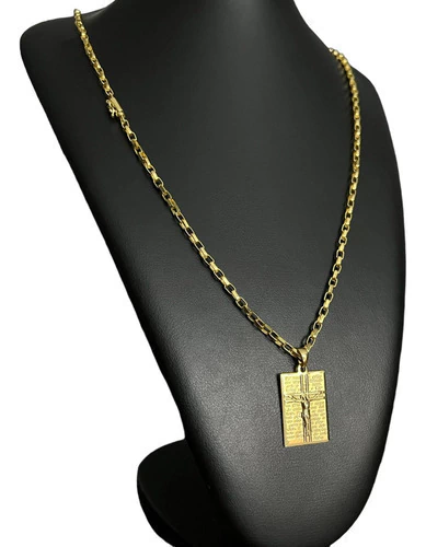 Cordão Tijolinho 3mm + Ping Cruz Oração Banhado A Ouro 18k