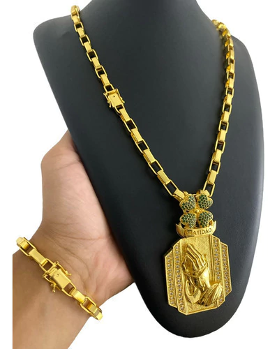 Cordão + Pulseira Tijolinho Curto 8mmm + Ping Banhado A Ouro