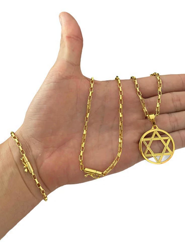 Cordão 3mm + Pingente + Pulseira Tijolinho Banhado Ouro 18k