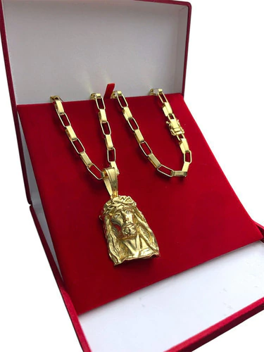 Cordão 8mm Tijolinho Banhado A Ouro + Pingente Jesus Cristo