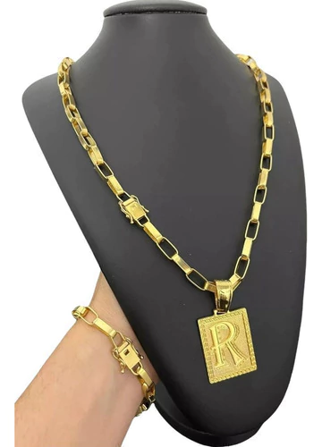 Cordão Pulseira + Pingente Tijolinho 8mm Banhado A Ouro 18k