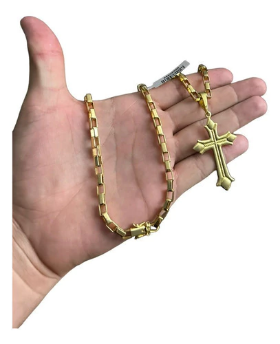 Cordão Tijolinho Curto 6mm Ping Cruz Balão Banhado Ouro 18k