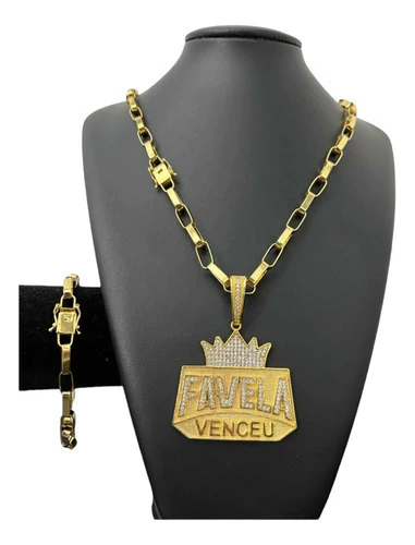 Cordão 8mm Tijolinho + Puls + Pingente Banhado A Ouro 18k