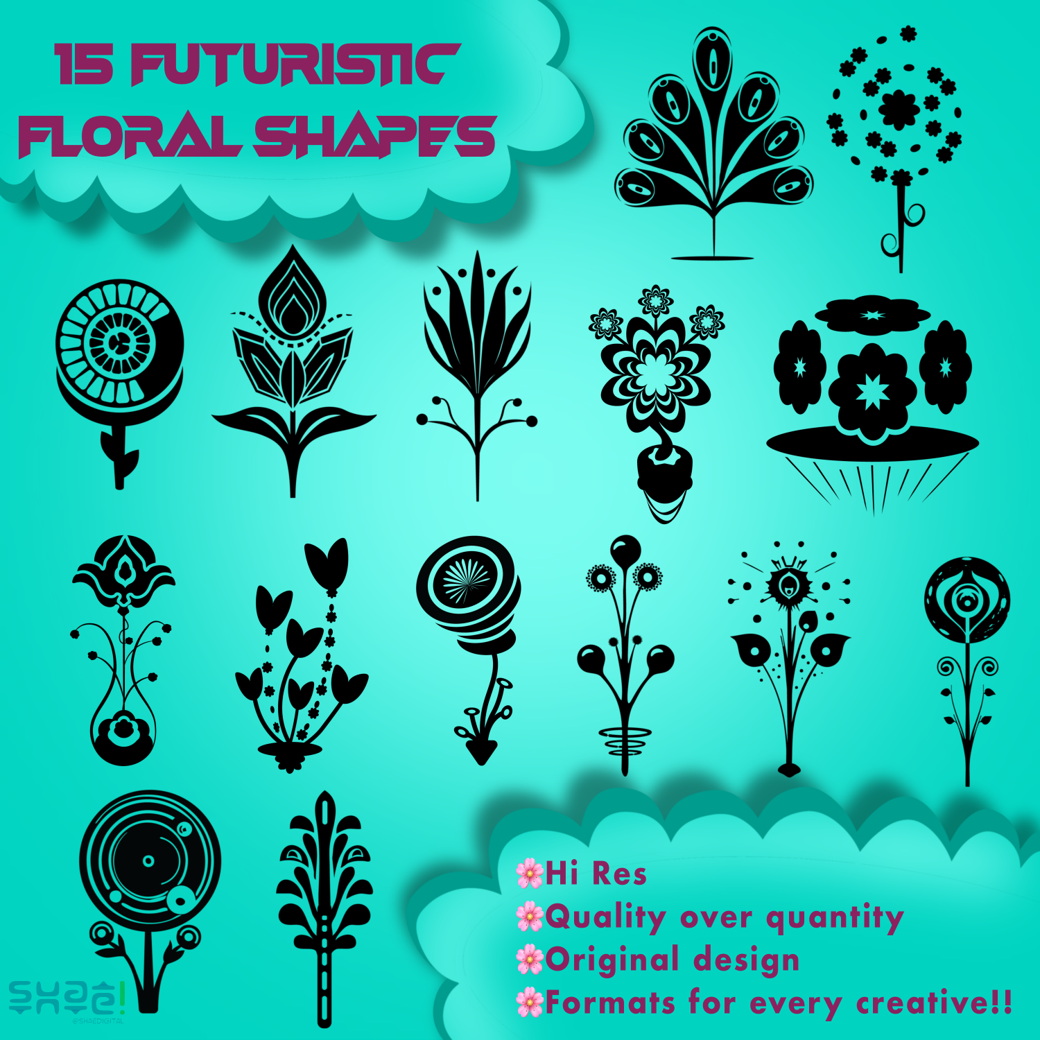 Futuristic Florals Shape Pack PNG, PDF, SVG, EPS, Procreate Stamp Brushes