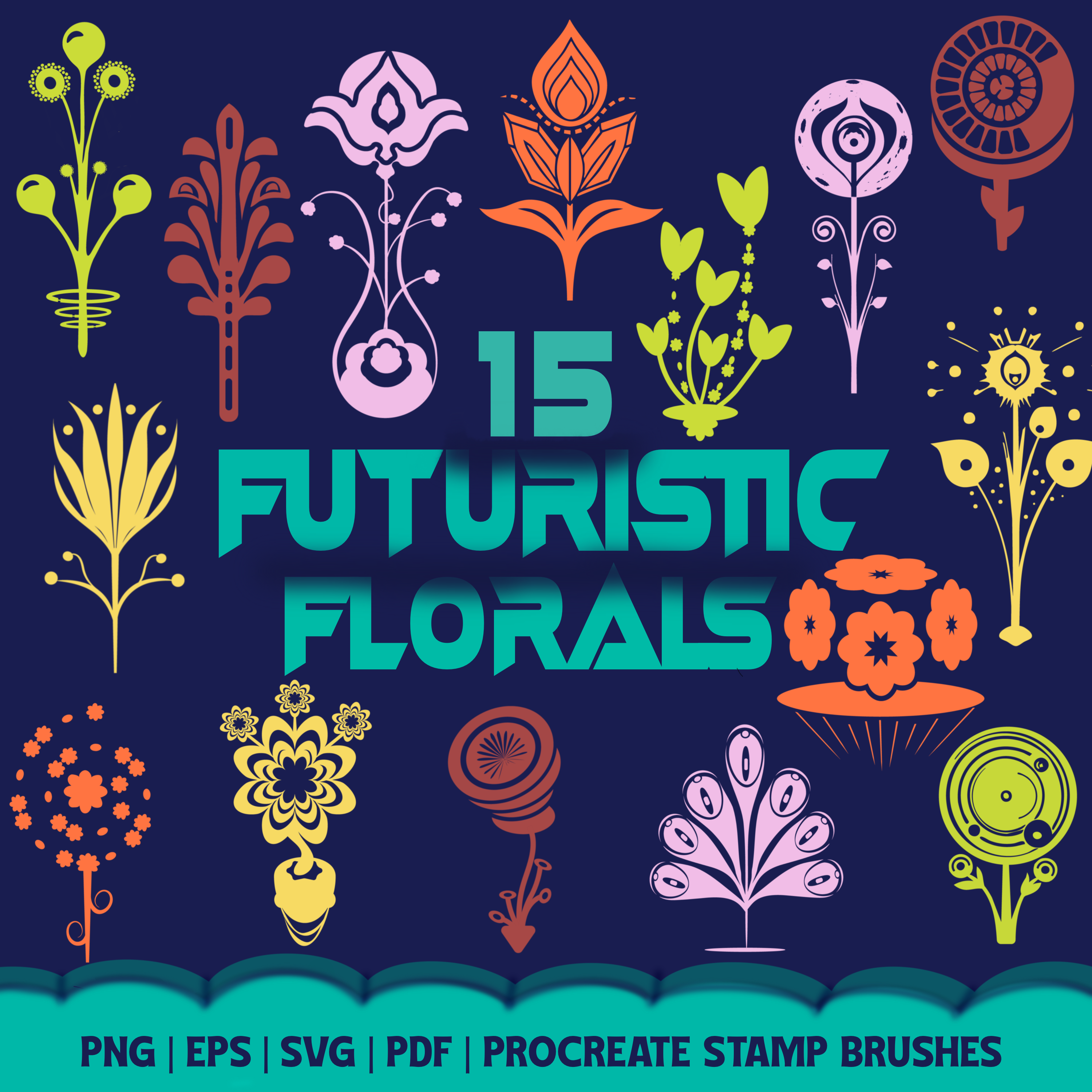 Futuristic Florals Shape Pack PNG, PDF, SVG, EPS, Procreate Stamp Brushes