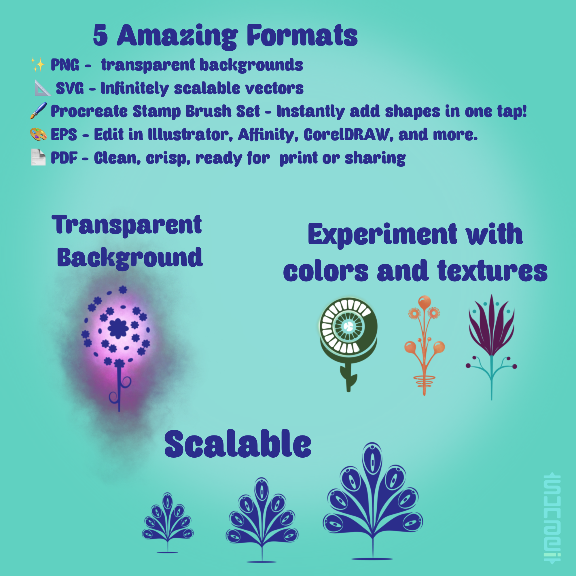 Futuristic Florals Shape Pack PNG, PDF, SVG, EPS, Procreate Stamp Brushes
