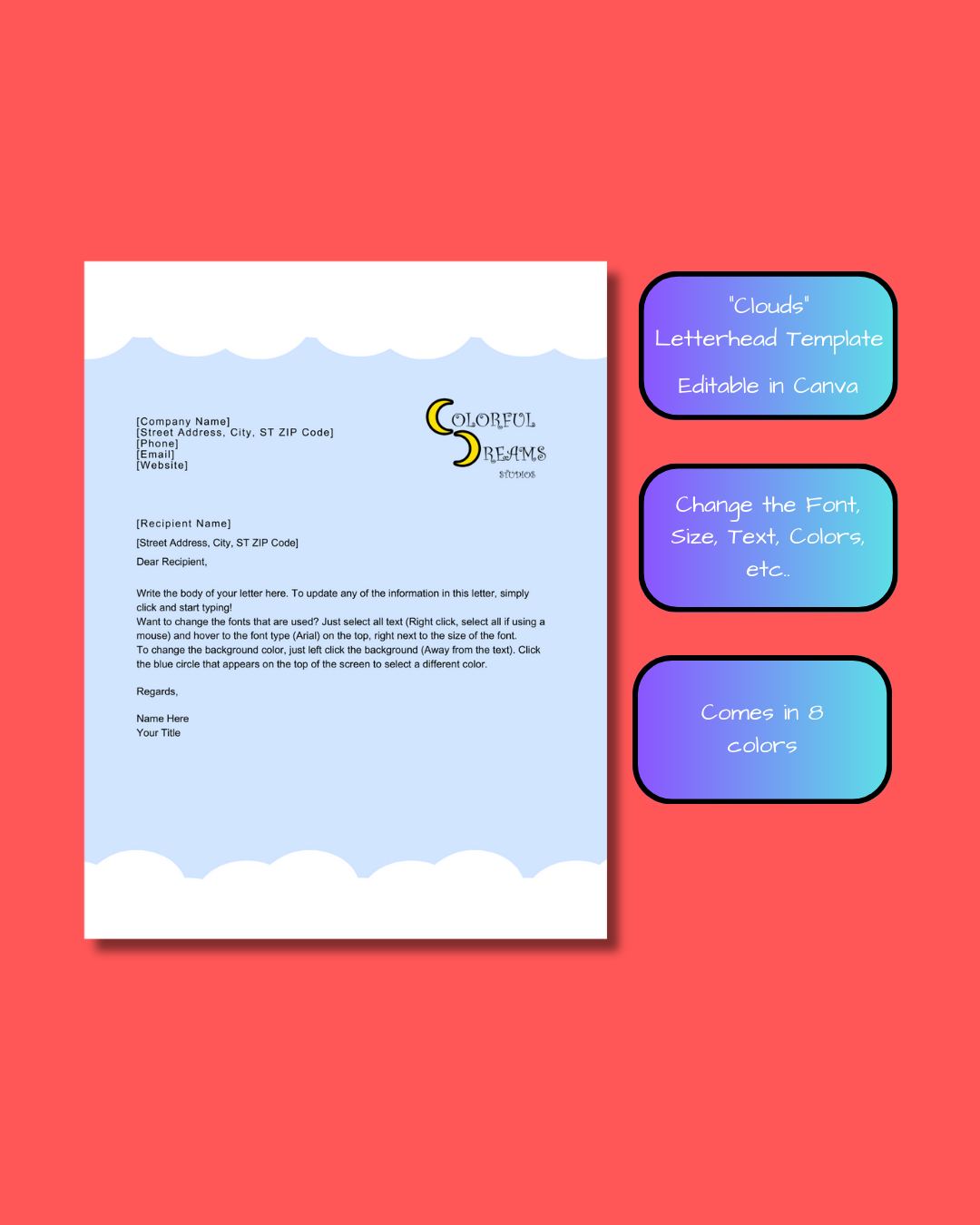 Letterhead Template - Editable in Canva - "Head in the Clouds"