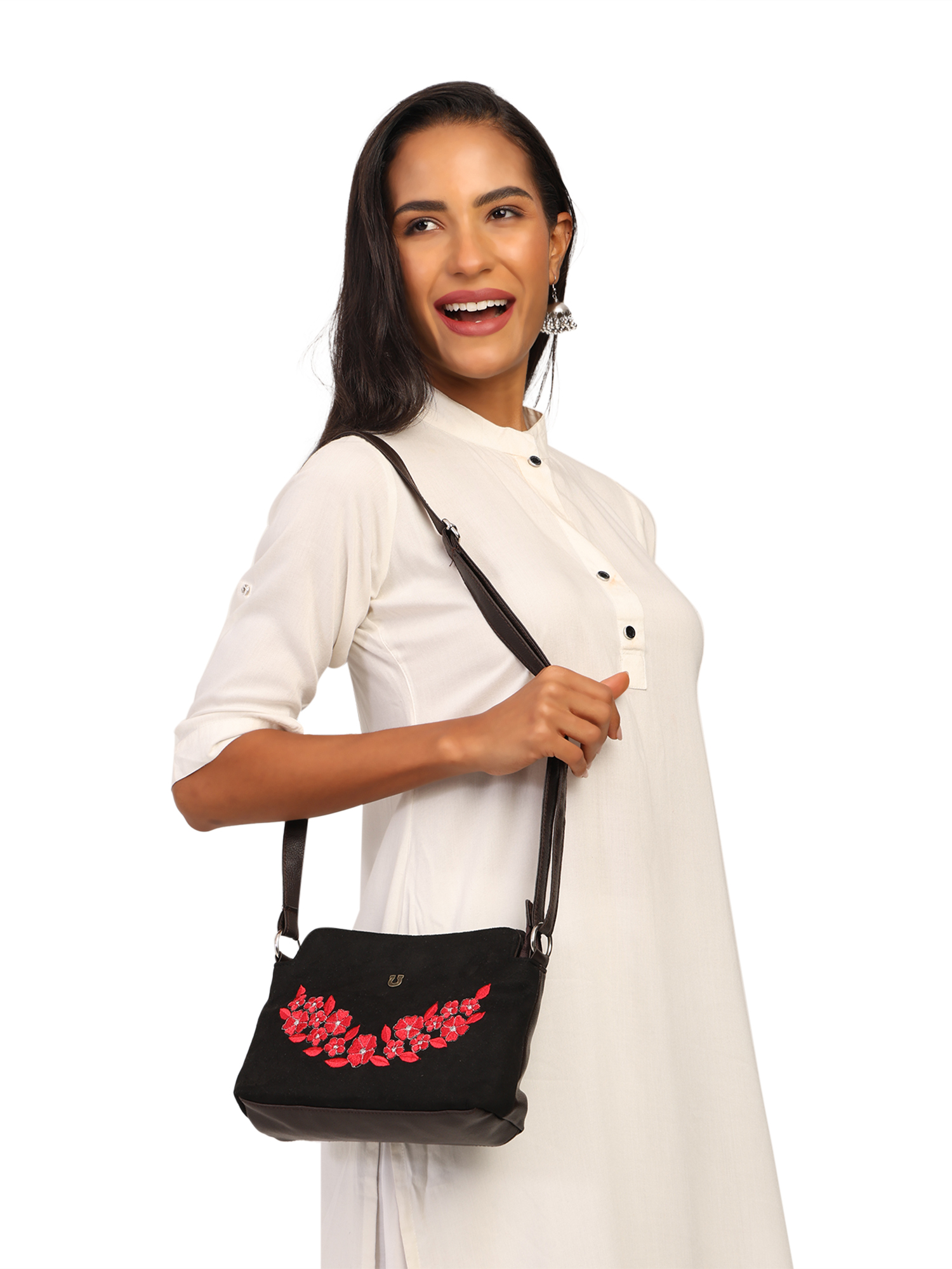 FLORAL EMBROIDERED SUEDE CROSSBODY SLING BAG (BLACK)