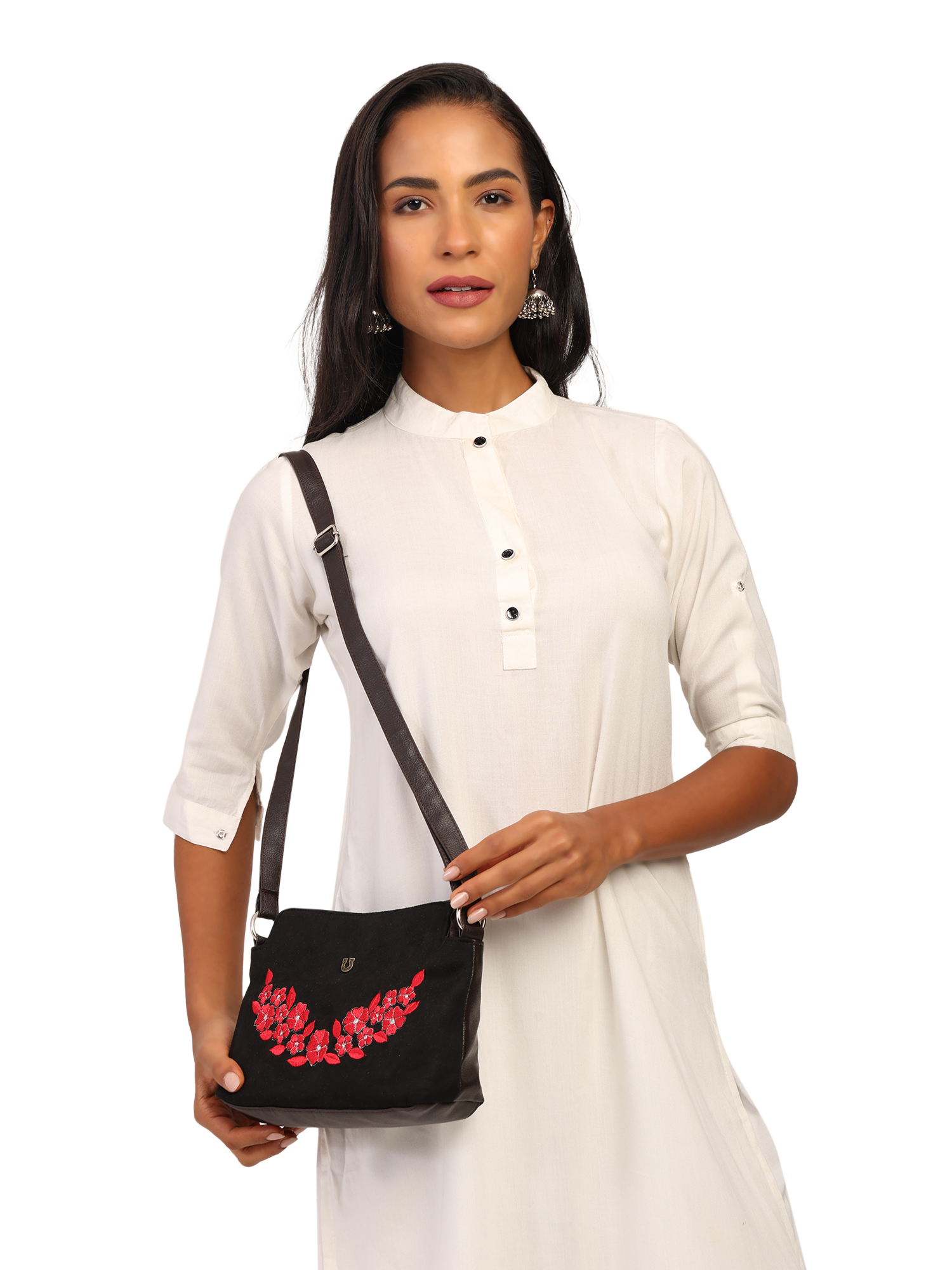 FLORAL EMBROIDERED SUEDE CROSSBODY SLING BAG (BLACK)