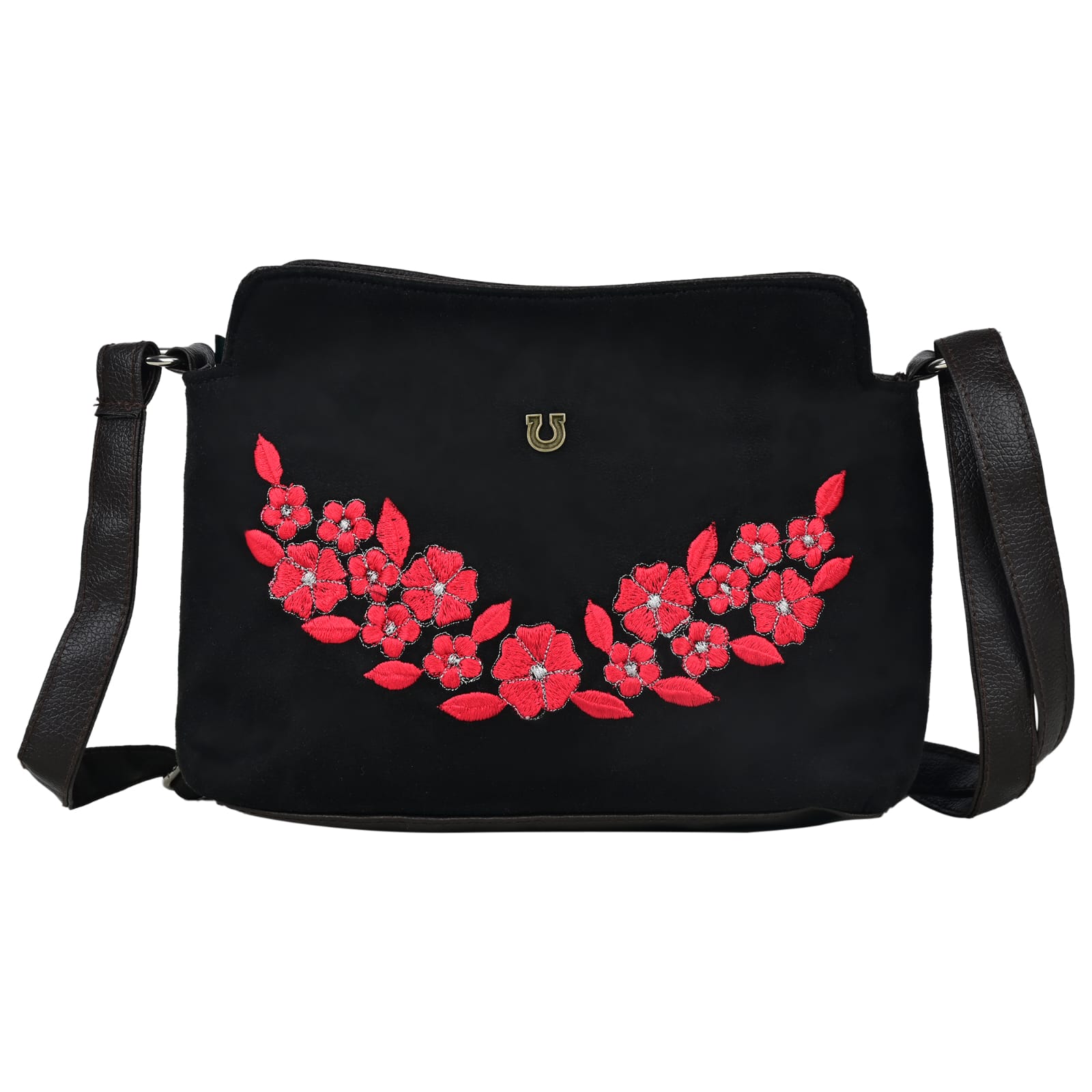 FLORAL EMBROIDERED SUEDE CROSSBODY SLING BAG (BLACK)